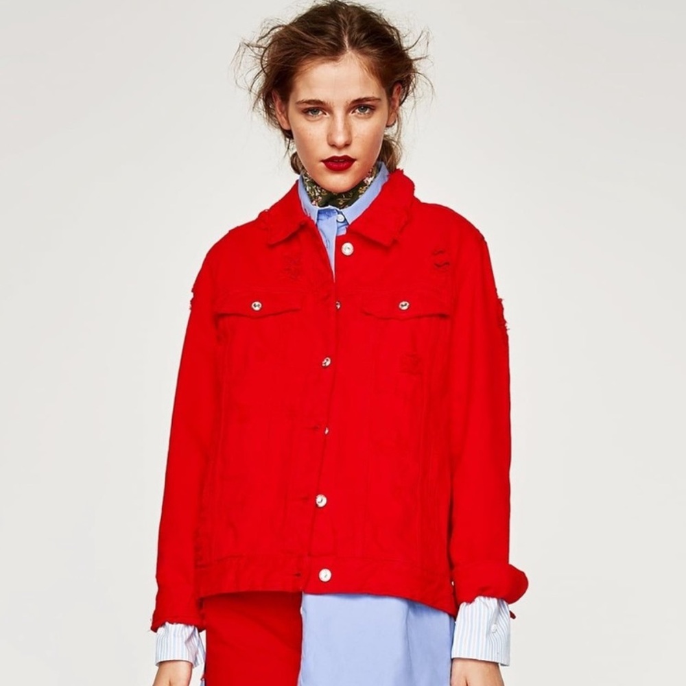 Zara Red Distressed Jean Jacket